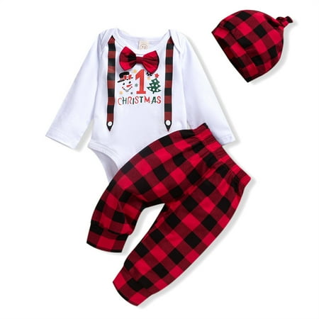 

YJ.GWL Baby Boys Christmas Clothes Gentleman Bow Romper Top Plaid Trousers Xmas Print Outfits