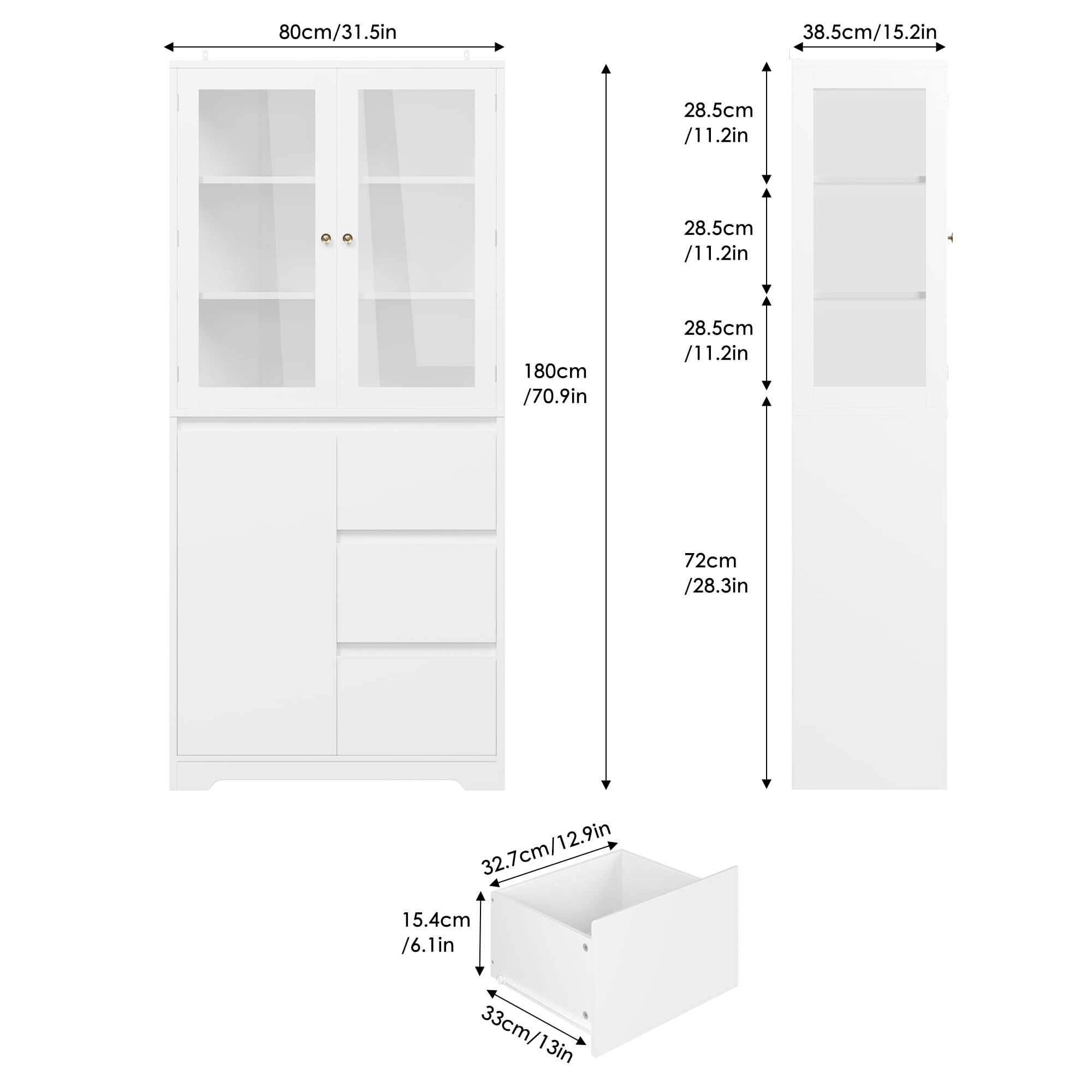 Homfa 71" Glass Door Bookshelf Bookcase with 3 Large Drawer, 3-Tier Modern Bookshelves with Adjustable Shelf, White