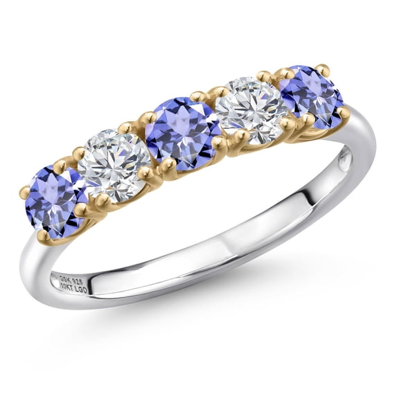 Gem Stone King 925 Silver and 10K Yellow Gold Blue Tanzanite and Lab Grown Diamond Wedding-Bands Ring for Women | 1.44 Cttw | Round 4MM | Gemstone December Birthstone | Size 8