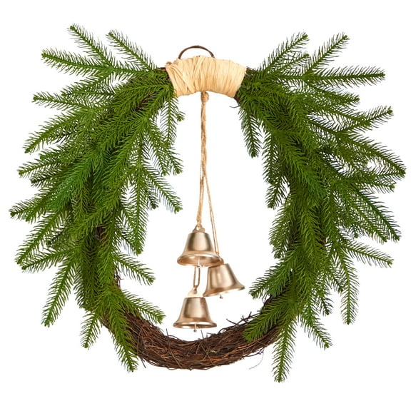 Nearly Natural Christmas Pine Hanging Bells Plastic Holiday Wreath, 24" (Green)