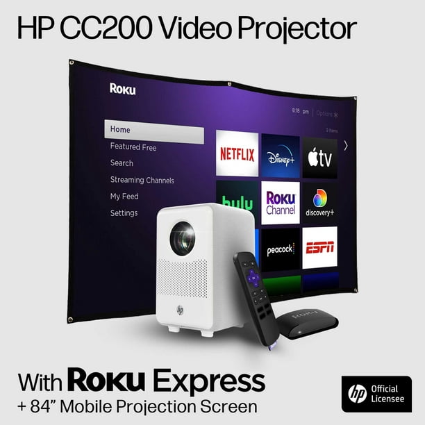 HP CC200 FHD LCD LED Projector with Roku Express Streaming Player and 84″ Mobile Projection Screen