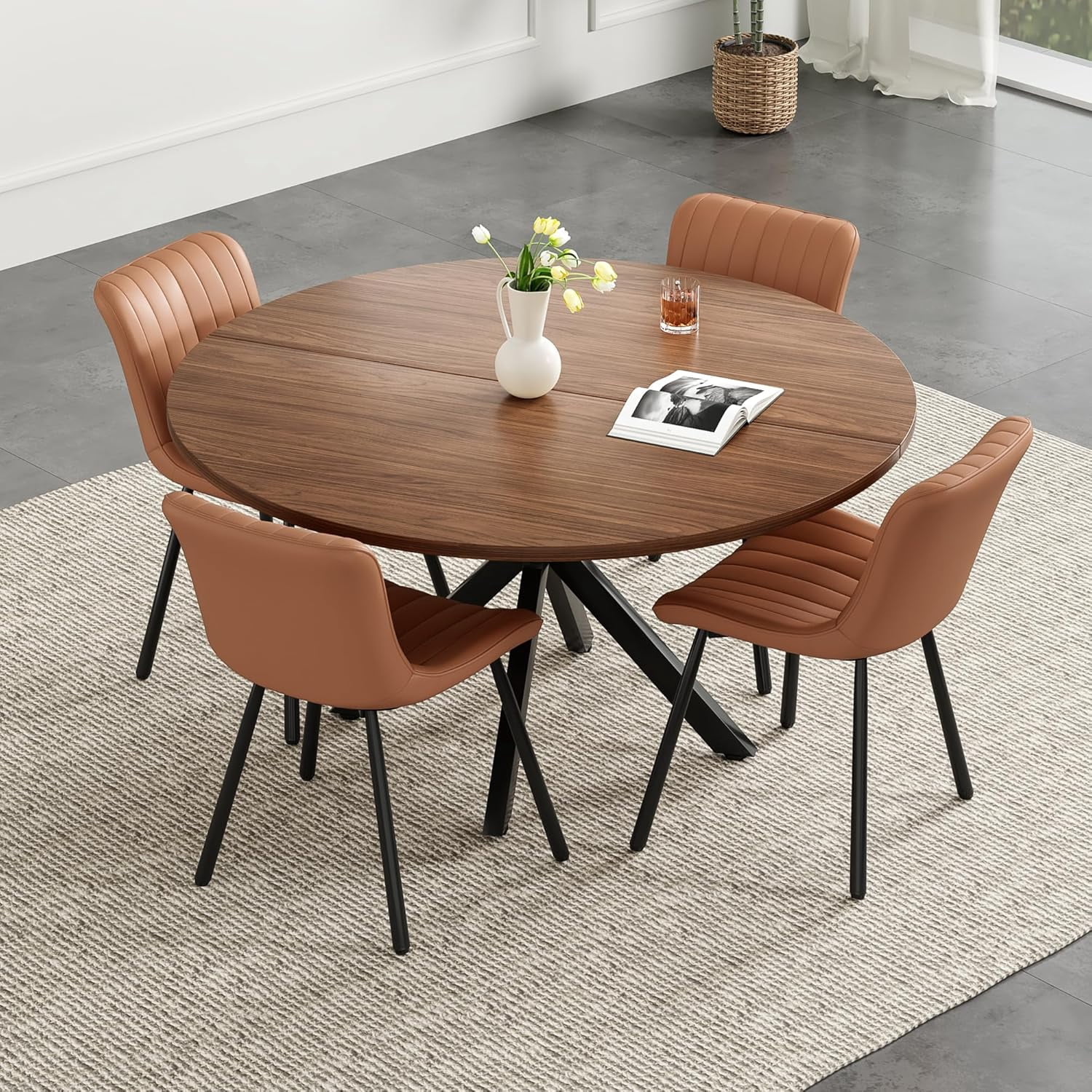Farini 47" Round Dining Table, Mid-Century Modern Wood Table with Metal Base, Seats 4-6, for Kitchen or Dining Room, Walnut