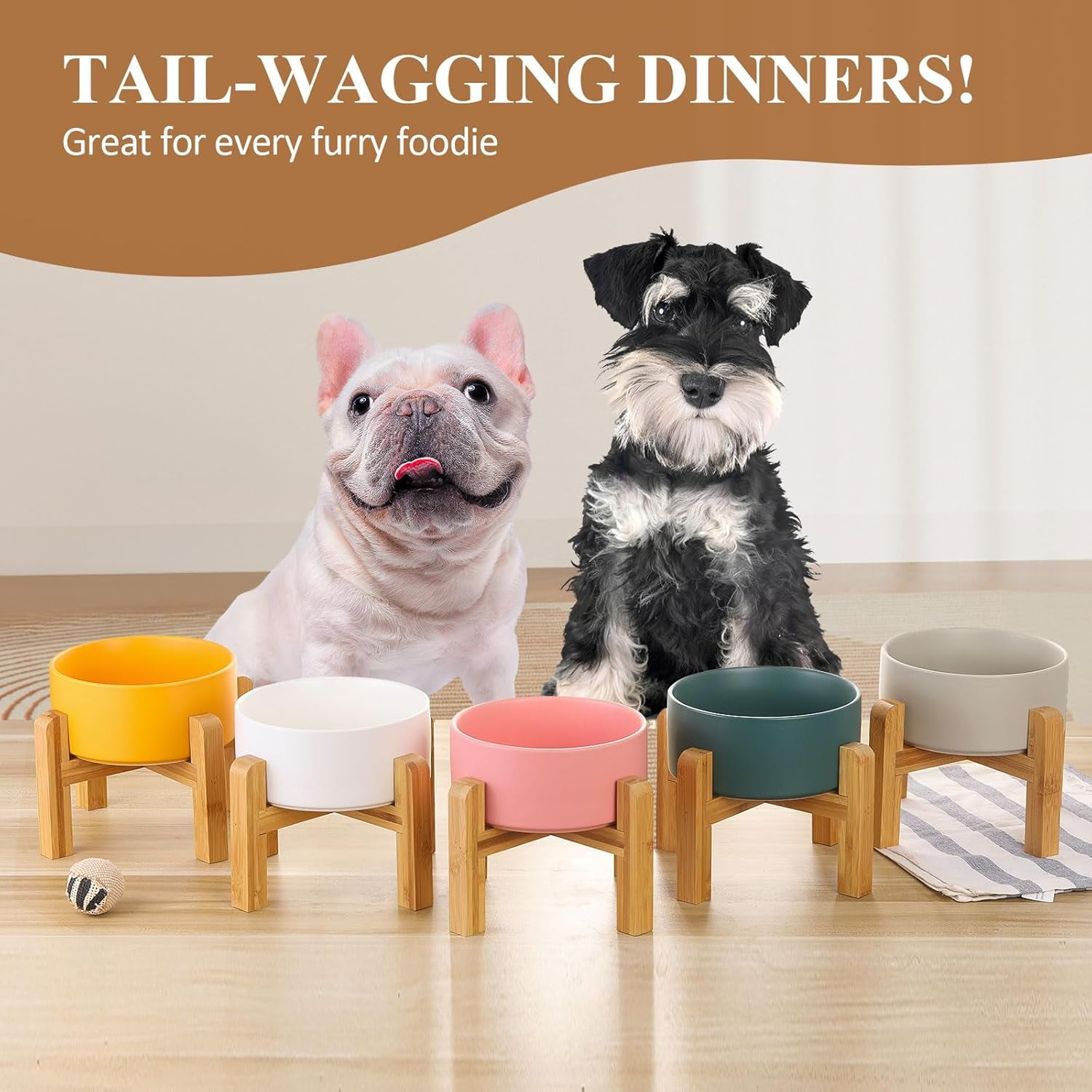 LIONWEI LIONWELI Ceramic Raised Dog Bowls, Medium - Set of 2 - Non Slip Wood Stand - Anti Vomiting - 850 ml - White
