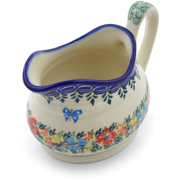 Polish Pottery 18 oz Gravy Boat (Red Cornflower And Blue Butterflies Theme) Signature UNIKAT Hand Painted in Poland Certificate of Authenticity