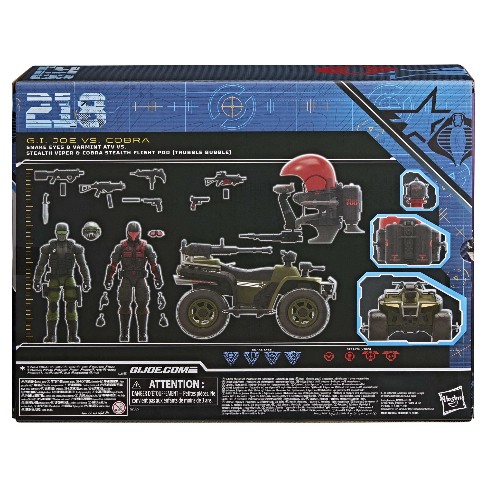 G.I. Joe Classified Series 218, Snake Eyes & Varmint ATV Vs. Stealth Viper & Cobra Stealth Flight Pod (Trubble Bubble), 6 Inch Action Figures & Vehicles