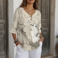 thumbnail image 3 of Xoenoiee Cat Cherry Blossom Print Women's Vintage Linen Tops 3/4 Sleeve Boho Summer Graphic Tees Tunic Shirts Casual Loose Button Blouses, Size S, 3 of 7