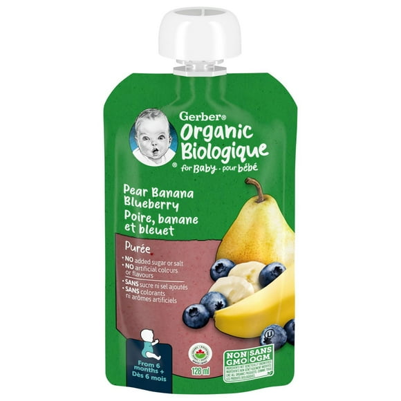 GERBER Organic Purée, Pear Banana Blueberry, Baby Food, 128 mL