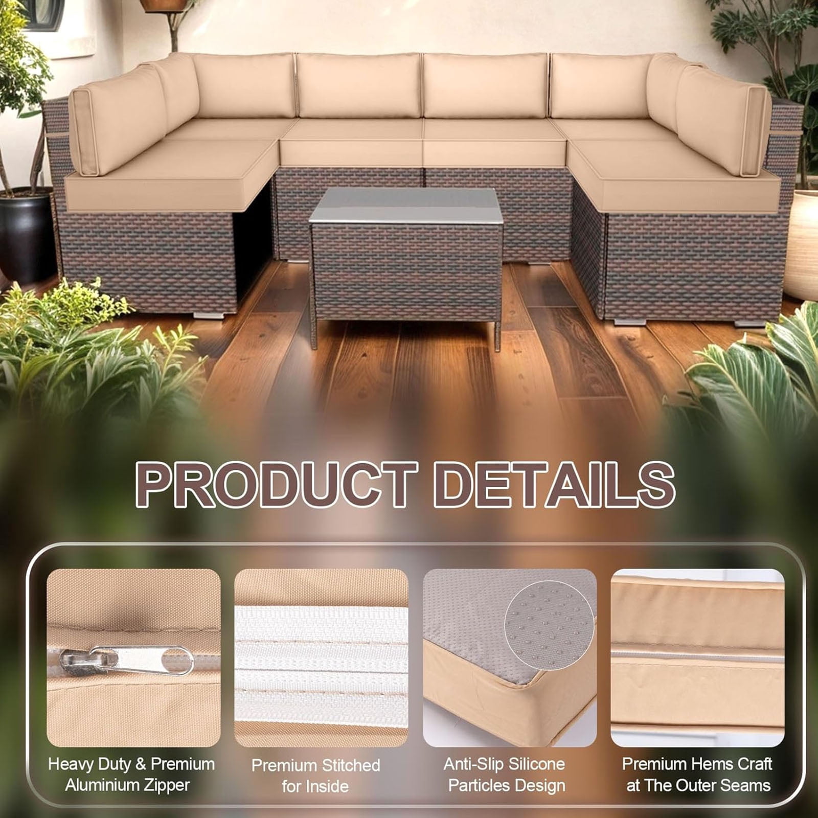 Outdoor Sectional Cushions, 6 Seat Patio Sectional Cushions, 4" Foam High-Density, Water-Resistant Patio Sofa Cushions Replacement Set（Beige）