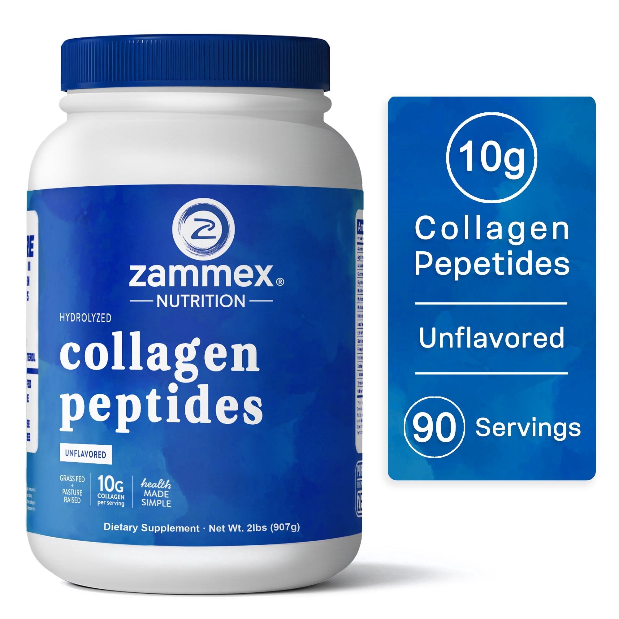 Zammex Hydrolyzed Collagen Peptides, 2lbs, Unflavored Grass-Fed Protein for Hair, Skin & Joints, Keto Paleo Non-GMO