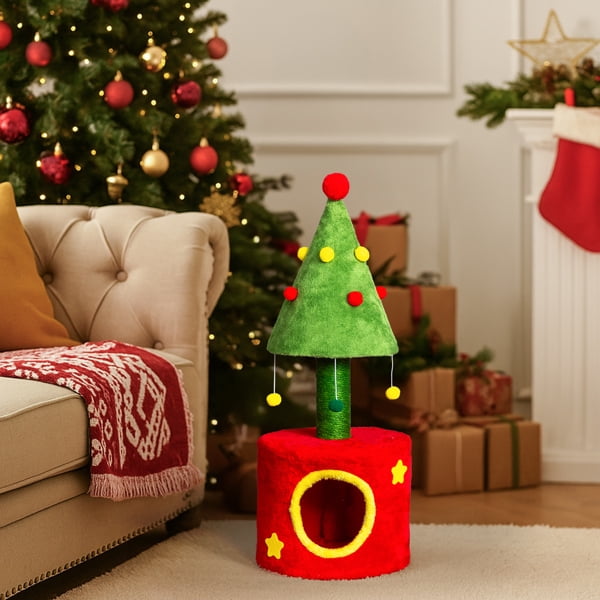 30in Christmas Cat Tree with Cozy Hideaway, Sisal Scratching Post & Hanging Plush Balls, Festive Home Decor for Kittens