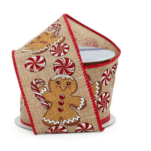 Gingerbread & Peppermints Wired Christmas Ribbon - 2 1/2" x 10 Yards, Faux Burlap, Red Edge, Wreath, Gift Wrap, Bows, Winter Decorations, Swag, Garland, Gift Basket