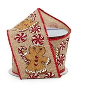 Gingerbread & Peppermints Wired Christmas Ribbon - 2 1/2" x 10 Yards, Faux Burlap, Red Edge, Wreath, Gift Wrap, Bows, Winter Decorations, Swag, Garland, Gift Basket