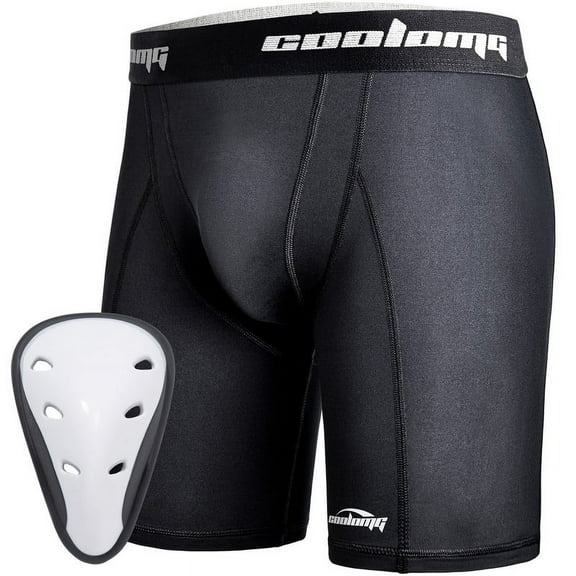 COOLOMG Youth Boys Compression Shorts with Protective Cup Sliding Underwear for Baseball Football Lacrosse Hockey