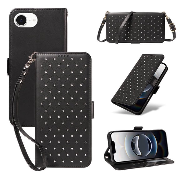 For iPhone 17e/16e RFID Blocking Wallet Case, Magnetic Flip Cover Card Holder & Bills Slot, Soft PU Leather With Detachable Shoulder Strap And Wrist Strap,Black,For iPhone 17e/16e