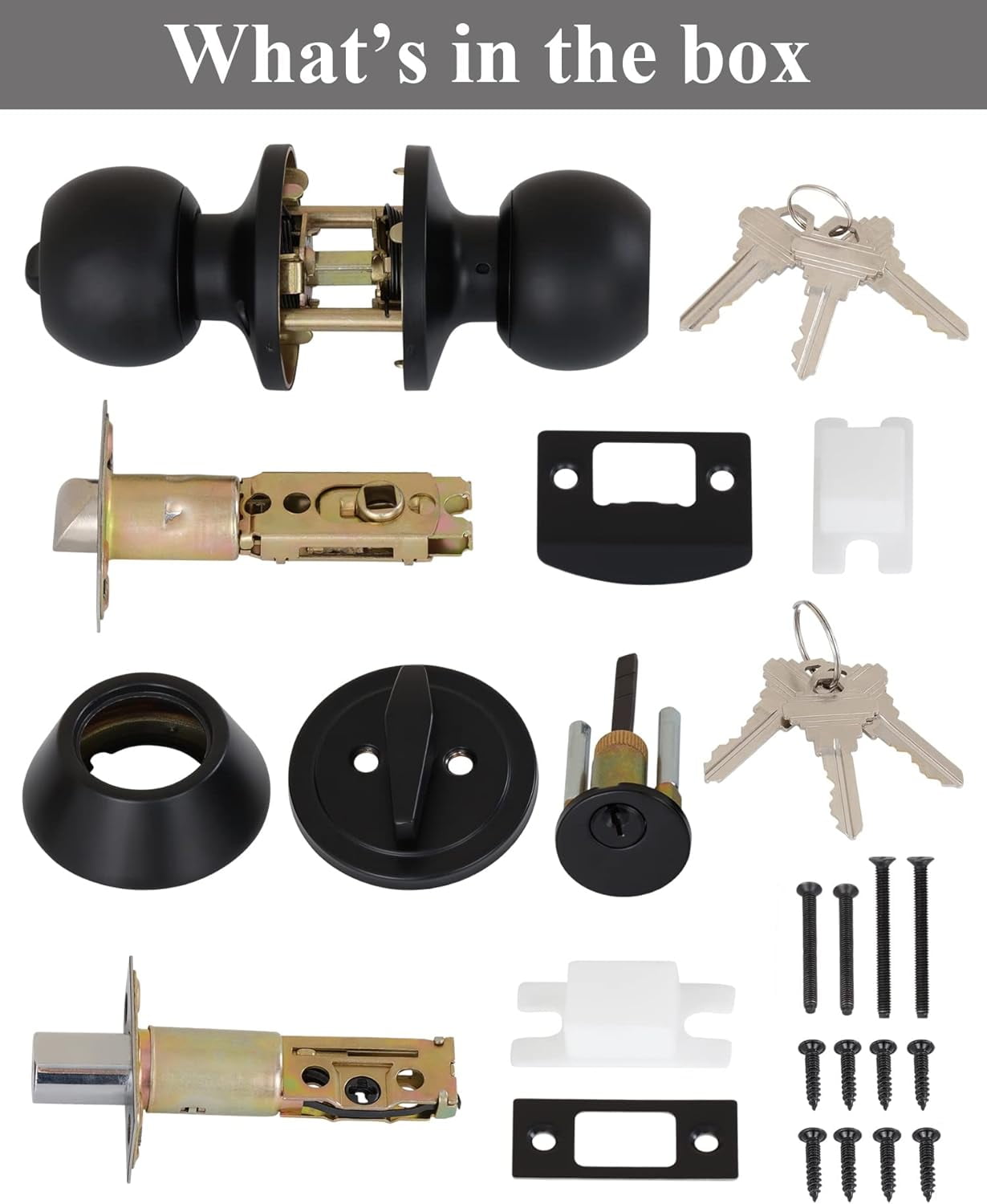 (4 Sets) All Keyed Same Entry Knobs&Single Cylinder Deadbolt for Exterior Front Doors, Round Ball Matte Black Finish Entry Door Lock with Same Keys