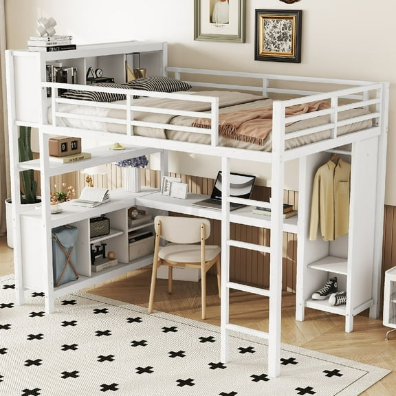 Full Size Loft Bed Frame with L-shaped Desk and Wardrobe, Metal Loft Beds with Storage Cubes and Shelves, Heavy Duty Bedframe with Bookcase Headboard for Bedroom Guestroom, Off White Color
