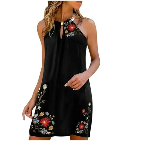 

SIMQOing Women s Tank Dresses Sleeveless Metal Halter Neck Sundress Summer Beach Butterfly Print Mini Dress