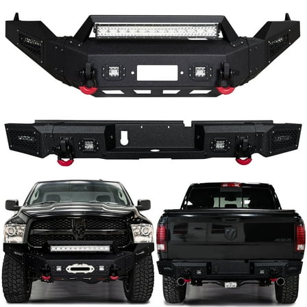 Vijay Compatible with 2013-2014-2015-2016-2017-2018 Dodge RAM 1500 Front and Rear Bumper Textured Black Steel with Lights and D-rings