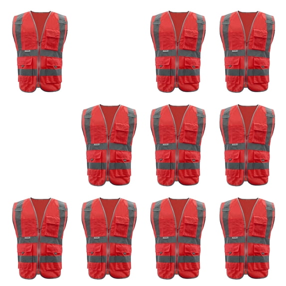 GOGO 10 Packs 9 Pockets High Visibility Zipper Front Safety Vest With Reflective Strips-Red-L