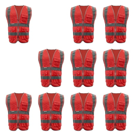 

GOGO 10 Packs 9 Pockets High Visibility Zipper Front Safety Vest With Reflective Strips-Red-XL