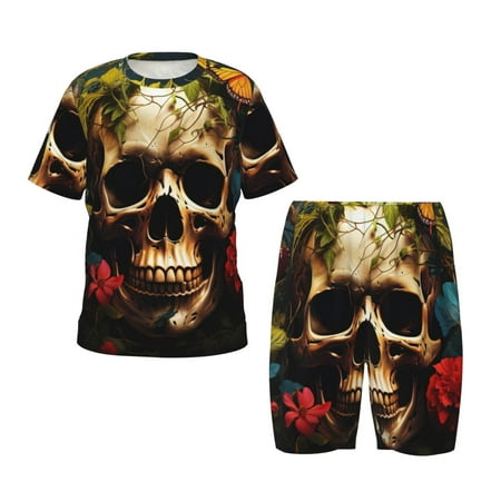 Luyuia Butterfly Flower Plant Skull Print Girls  2-Piece Tie-Dye Pajama Set  Cute Summer Loungewear with Shirt and Tank Shorts Nightwear-Medium