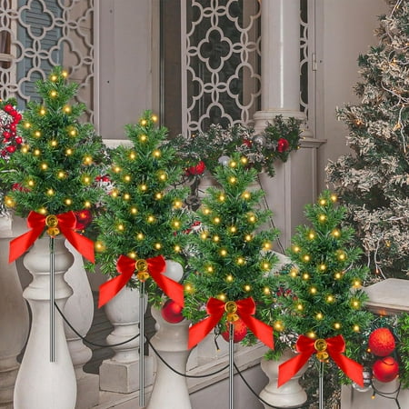 

4 Pcs Christmas Trees with Solar Lights - Outdoor Fence Decor Xmas Solar Tree Decorations for Garden Yard Wall Fence Porch Rail