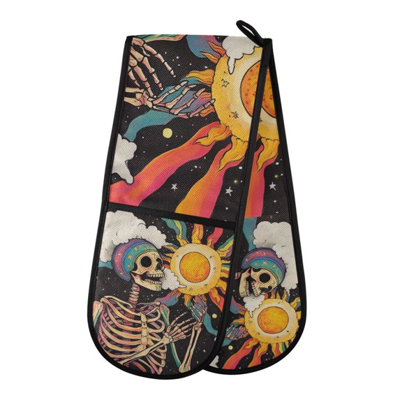 Yayeee Double Oven Mitt Kitchen Heat Resistant Baking 35" x7" Quilted Glove, Skeleton with Sun