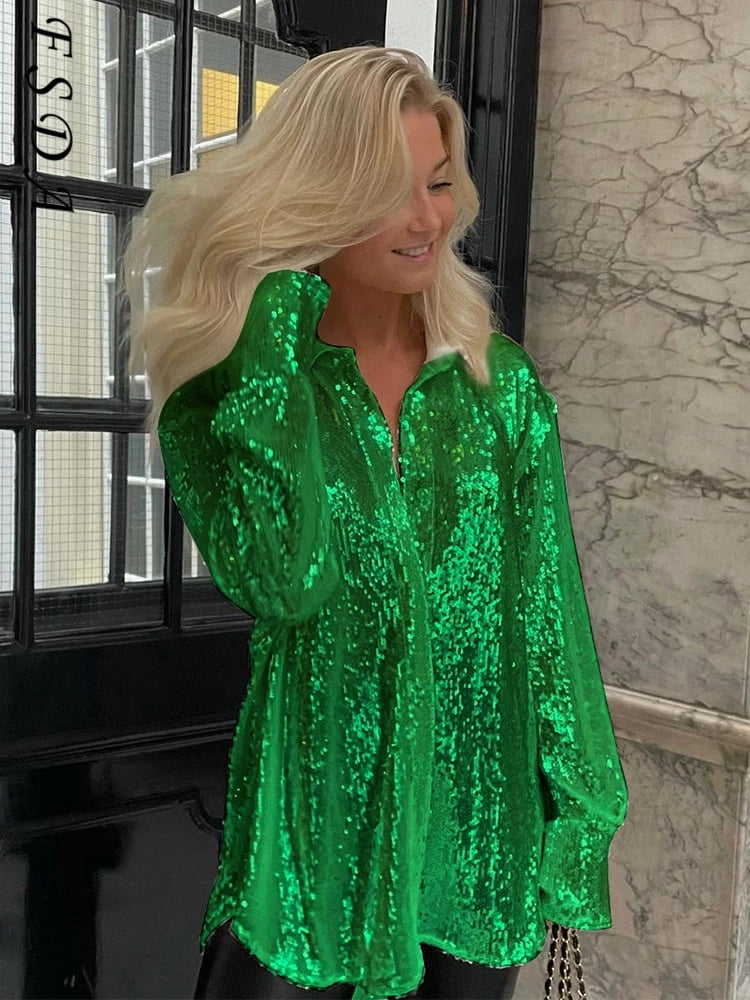 Sequin Button Down Shirt Blouses 