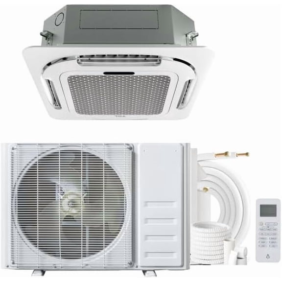 Garvee 18000 BTU Ceiling Cassette Mini Split AC - 8-Way 360° Airflow Ductless Cooling & Heating System with Remote, 208/230V, Includes 25ft Line Set Kit