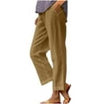 thumbnail image 3 of Dazajoo Women's Casual Cotton Linen Pants Elastic High Waisted Gauze Pants with Pockets Summer Solid Color Beach Pants Weekly Sale,Khaki,L, 3 of 8