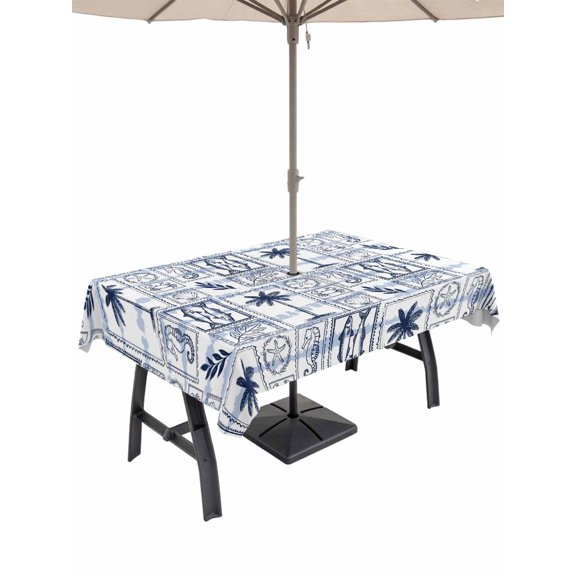 Outdoor Tablecloth with Umbrella Hole for Patio/Picnic/Party/Camping, Blue Tropical Plants Waterproof Table Cloth Rectangle Table Cover Washable, Summer Coastal Beach Palm Tree Plaid (60"x 120")