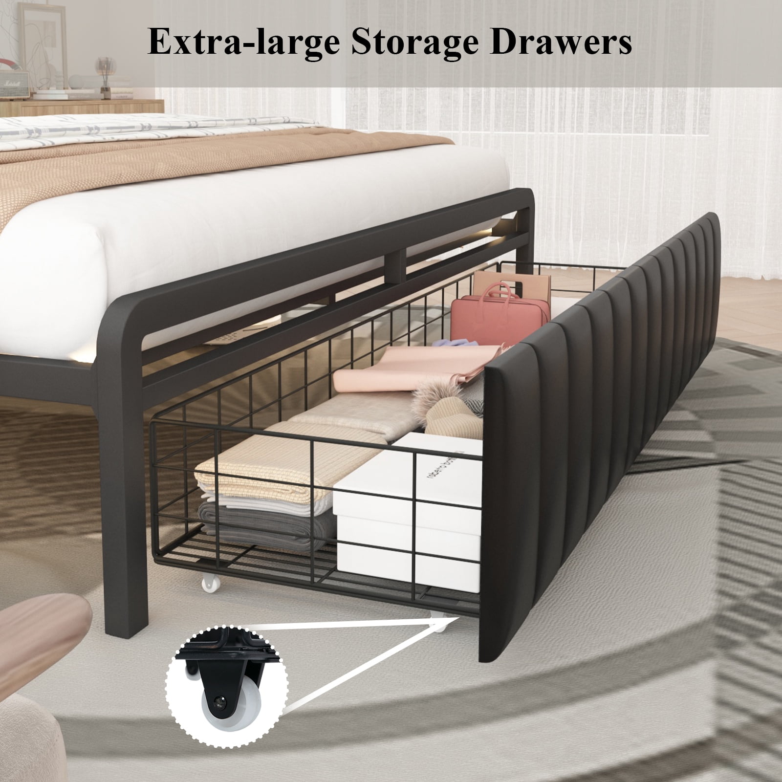 Full Size Bed Frame with Storage Drawer, LED Upholstered Platform Bed with Charging Station, Metal Slats, Black