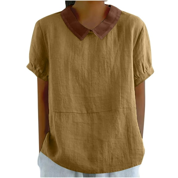 HAiming Women's Cotton Linen Tops Short Sleeved Patchwork Lapel Shirts Plus Size Loose Solid Color Casual Blouses
