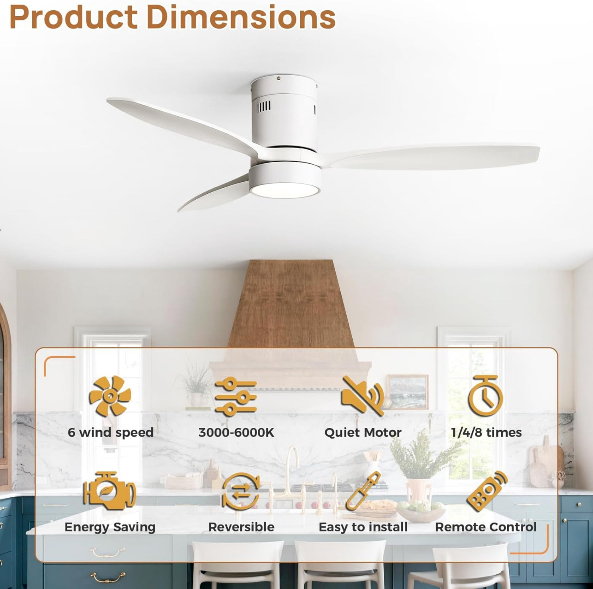 Sofucor 52 inch Wood Low Profile White Ceiling Fans with Lights and Remote, Modern Flush Mount Quiet Ceiling Fan for Bedroom, Reversible DC Moto