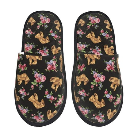 

House Slippers for Women and Men Rose flower bear Comfy Fuzzy Bedroom Slippers Furry Home Shoes for Indoor Outdoor
