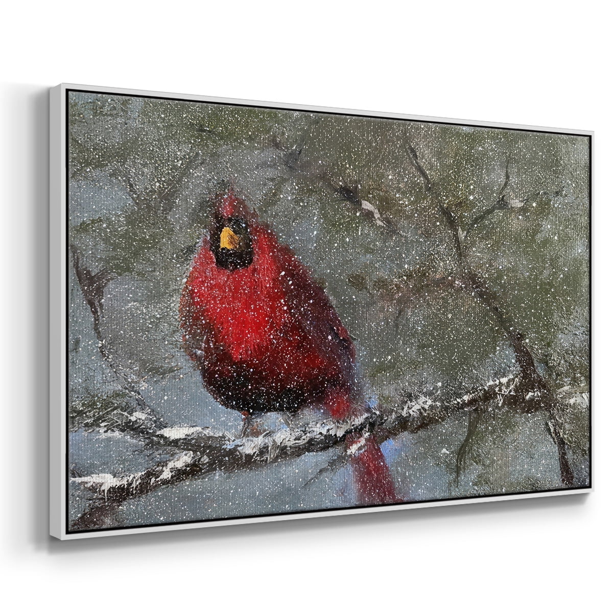 Cardinal in Snow I - Framed Gallery Wrapped Holiday Canvas - 25 x 37 - White Frame