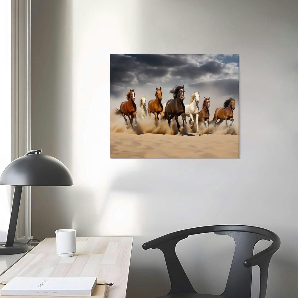 Fenyluxe  Horse Wall Art,Equine Themed Animals Galloping In The Sand Running Horses Pattern,Horse Painting Horse Pictures Wall Decor,Canvas Wall Art For Living Room Decor 20x16 in/16x12 in