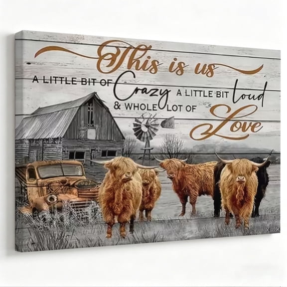 Farmhouse Wall Art Canvas Print, Highland Cow Barn Landscape with Windmill, Rustic Country Vintage Home Decor 16×12