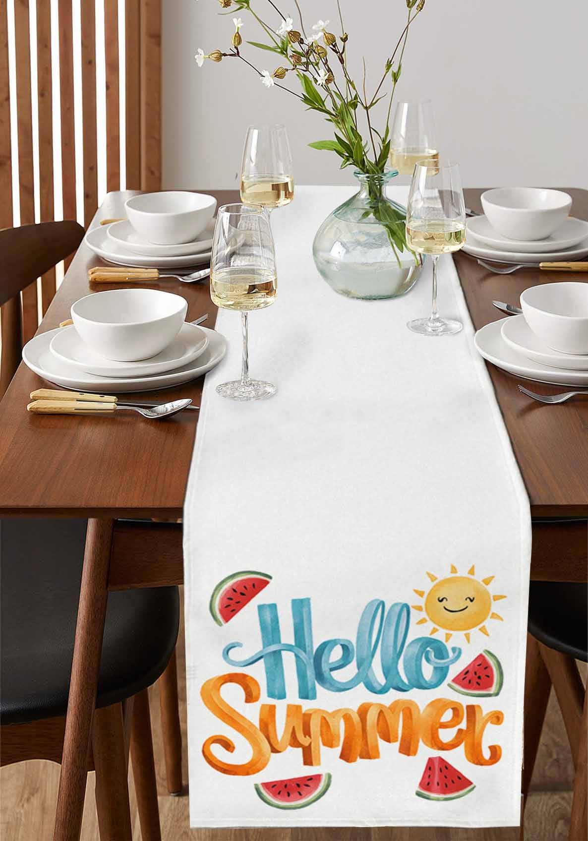 Hello Summer Burlap Cotton Table Runner 14x72 Inches Long, Watercolor Watermelon Tropical Fruit Farmhouse Table Runners, Outdoor Dining Tablecloths Decor for Baby Shower/Party/Wedding