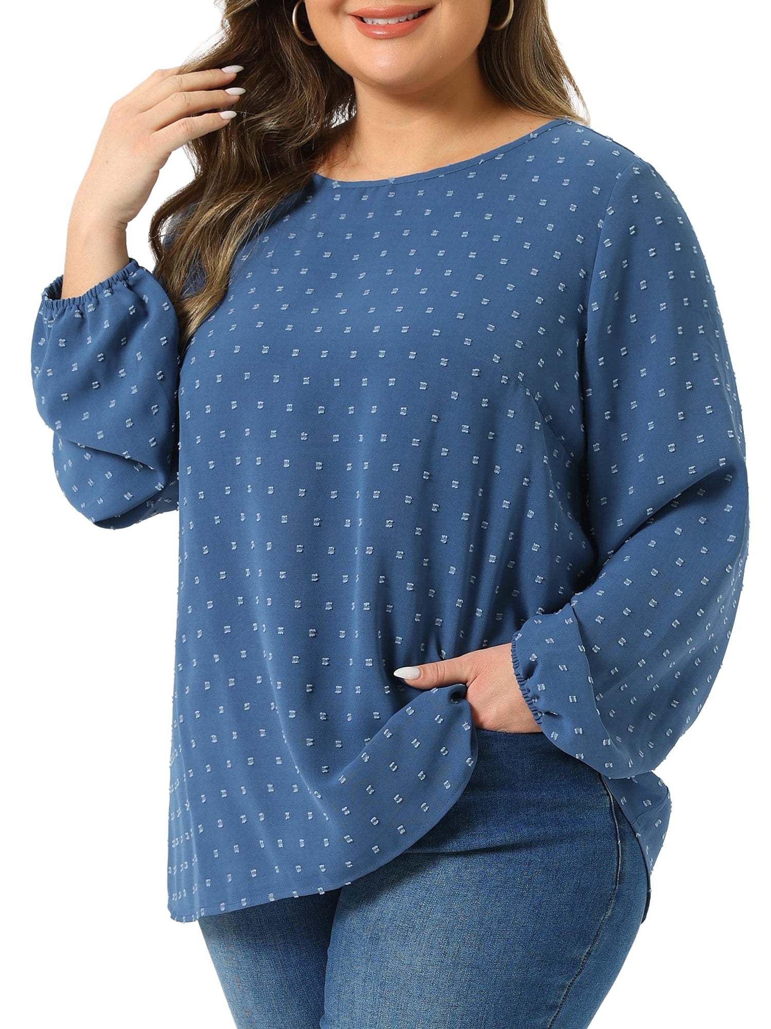 DARING DIVA Women's Plus Crewneck Chiffon Swiss Dots Shirts Top 1X Gray Blue