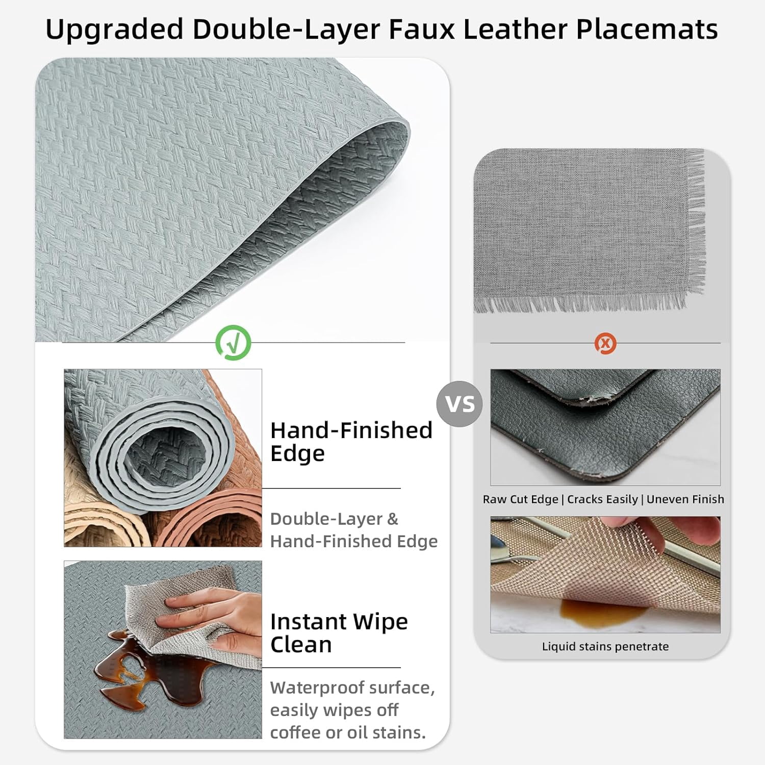 PROMATTOO Round Vinyl Woven Embossed Placemats Set of 6,Faux Leather Waterproof Dining Mat,Cloud Gray