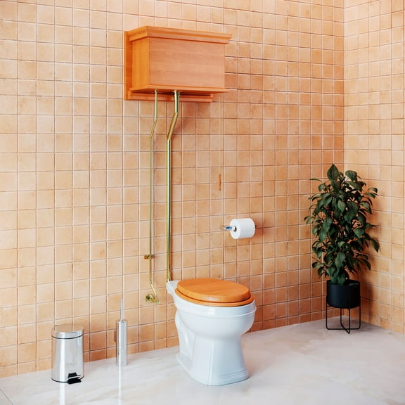 Renovator's Supply High Tank Pull Chain Toilet with Light Oak Finish Wooden Tank and Round Bowl, White