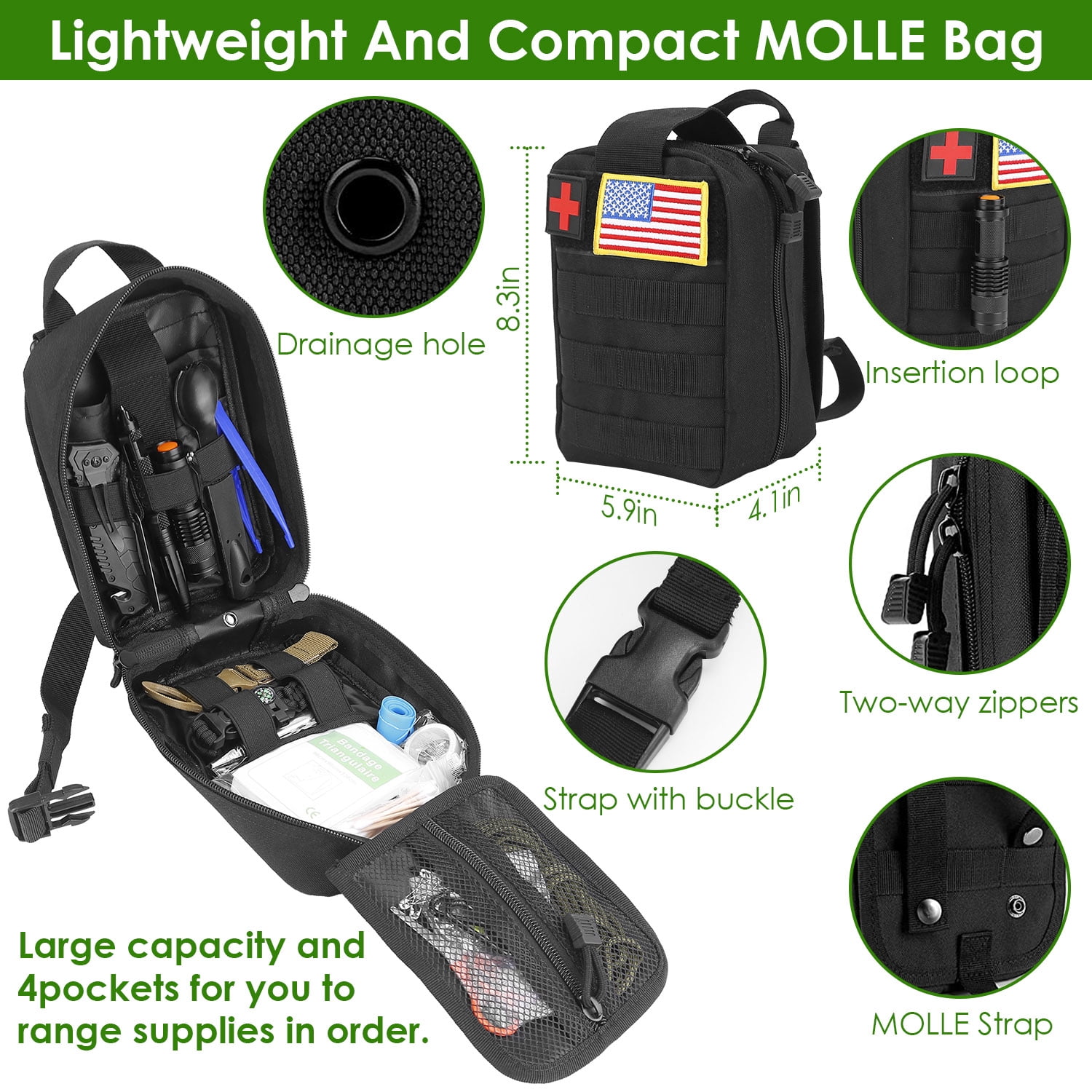 Imountek 47Pcs Emergency Survival Kit, Outdoor Mini First Aid Kit with Portable Pouch for Hiking Camping Adventure, Black