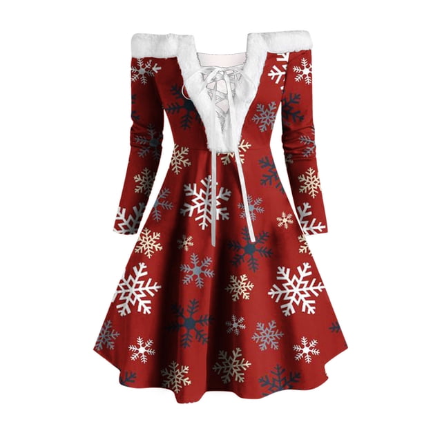 Robes à Épaules Dénudées pour Femmes à Manches Longues Robe de Noël Imprimée à Lacets Ligne A Évasée Cocktail Vacances Robe Courte