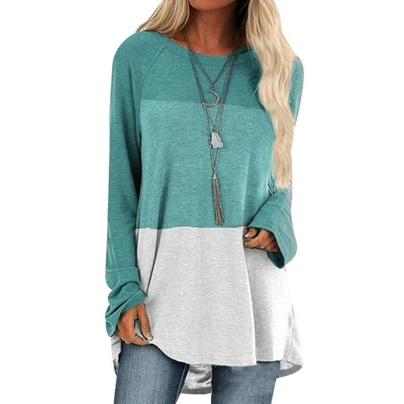 Women Colorblock Crew Neck Long Sleeve Scoop Hem Top