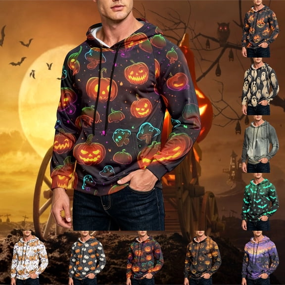 GrmtClth Hoodies for Men Halloween Neon Pumpkin Ghost Bat Witch Print Long Sleeve Holiday Party Sweatshirt Blue 2XL