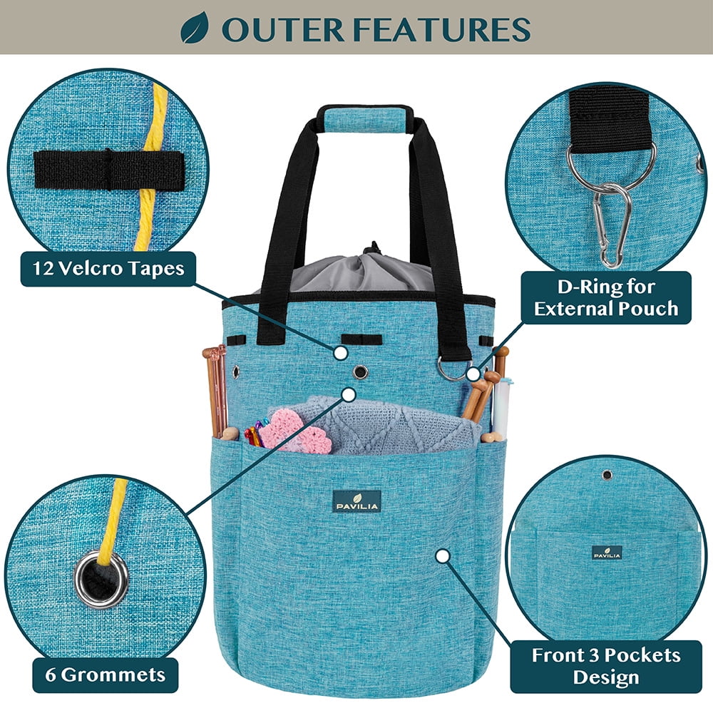 PAVILIA Knitting Bag Crochet Organizer Bag, Yarn Storage Tote, Knitting Accessories Supplies, Yarn Holder For Knitting With Grommets, Needles Hooks Essentials, Crochet Project Case (Turquoise Blue)