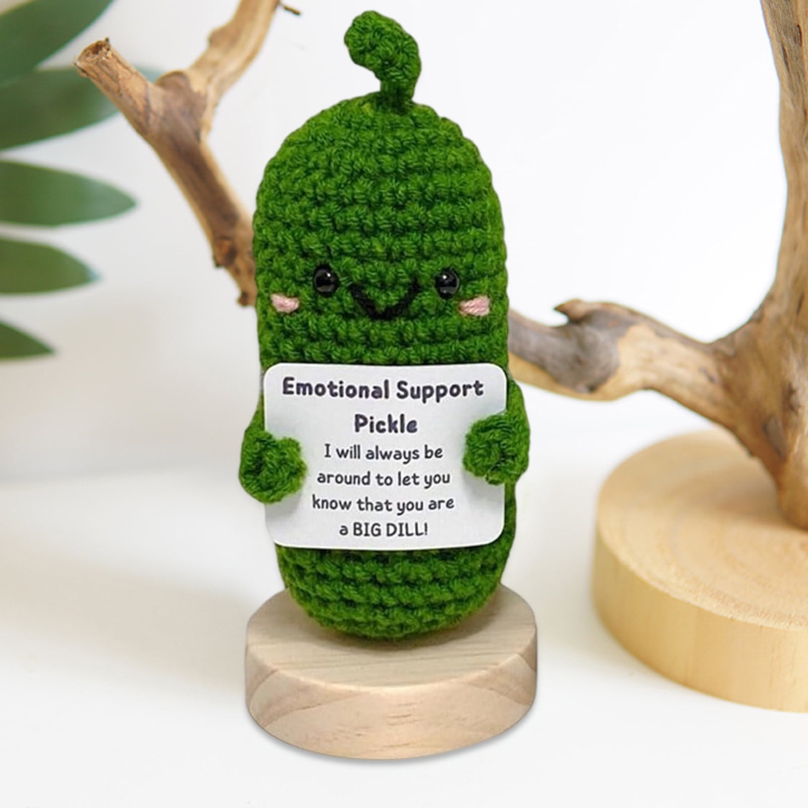 KCRPM Handmade Emotional Support Pickled Cucumber Gift, Handmade Crochet  Emotional Support Pickles with Wooden Base with Positive Affirmation Card