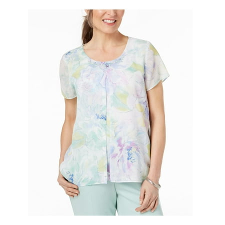 ALFRED DUNNER Womens Ivory Embellished Floral Split Overlay Short Sleeve Jewel Neck Top Size: S