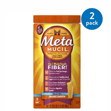 (2 Pack) Metamucil Multi-Health Psyllium Fiber Supplement Sugar-Free Powder, Orange Flavored, 114